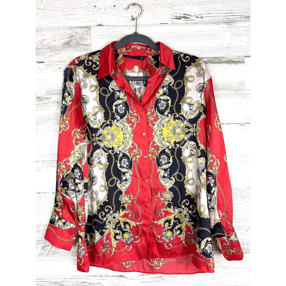 Zara Woman Red Paisley Boho Blouse XS NEW Lightweight Long Sleeve Top